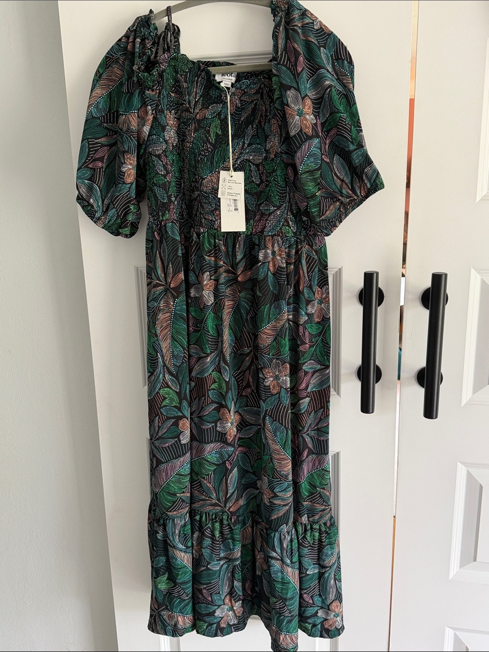 Leota Green Floral Puff smock Sleeve Midi Dress XXL